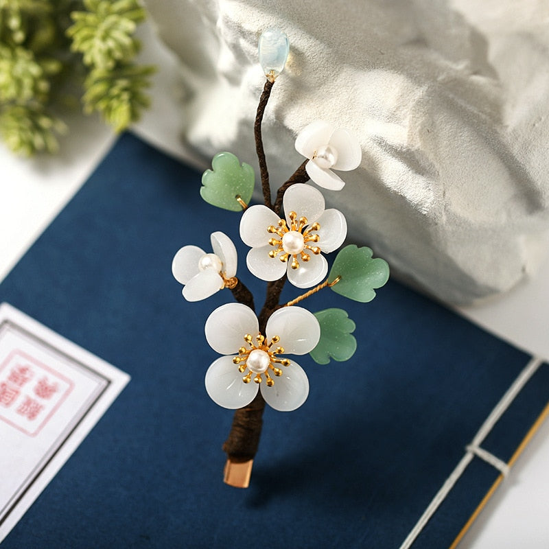 FORSEVEN Women Hair Jewelry Step Shake Side Hair Clip White Flower Hair Pin Headband Chinese Style Hair Jewelry Headpeice JL - Duo Fashion