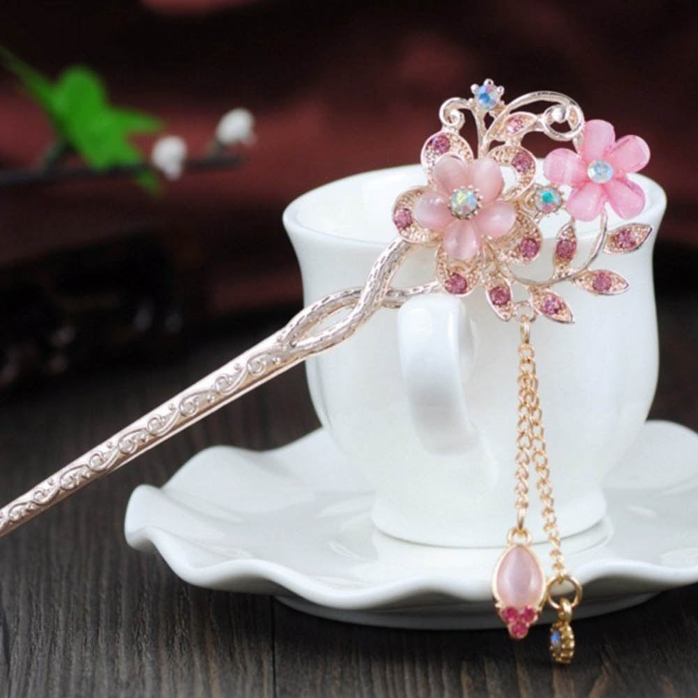 Wholesale Cat Eye Stone Hair Pin Double Flower Hair Clip Classical Hairpin Barrette Hair Accessories national wind headweard - Duo Fashion