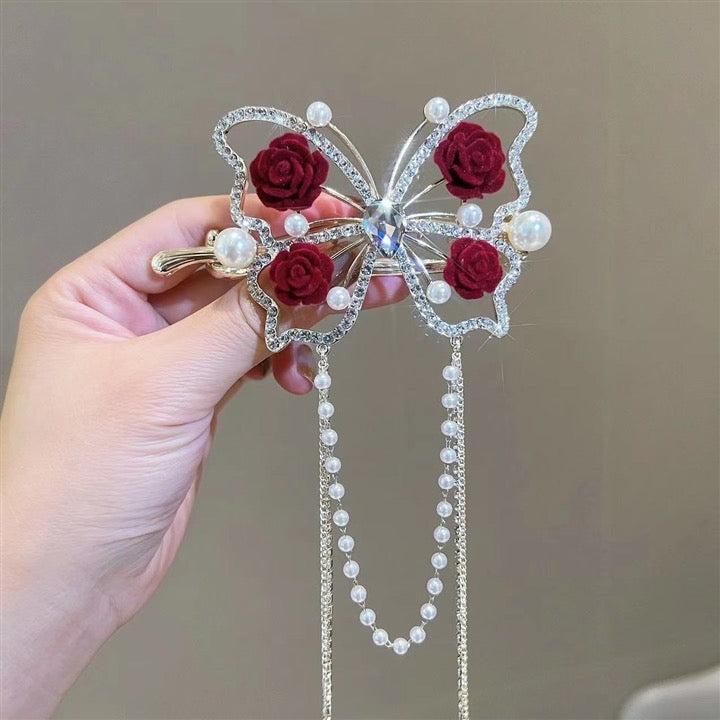 Butterfly rose flowers hair clip with pearl tassels shining hair products