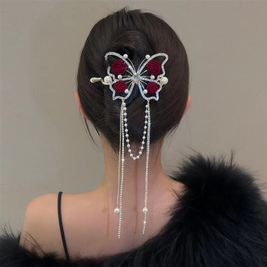 Butterfly rose flowers hair clip with pearl tassels shining hair products