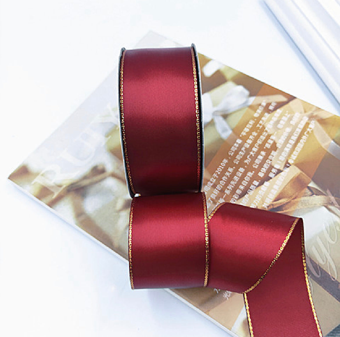 Handmade diy colorful satin ribbon with golden edge for ribbon flower ...